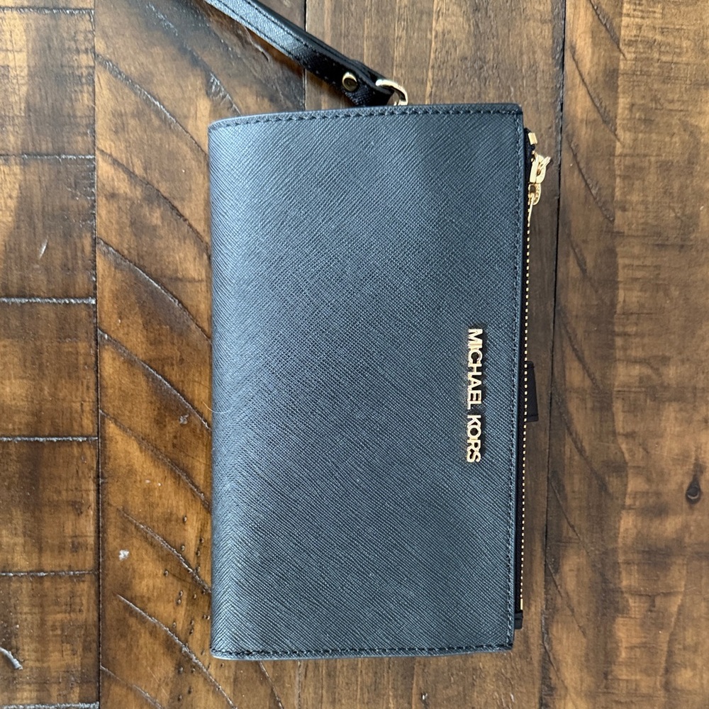 Michael Kors Black Saffiano Wristlet Wallet with Gold Hardware